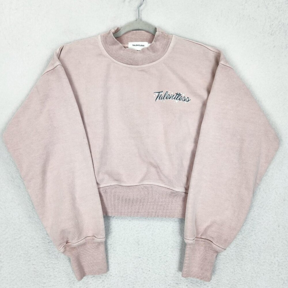 Talentless Sweater Womens Small Pink Cropped Logo Pullover Crewneck Sweatshirt